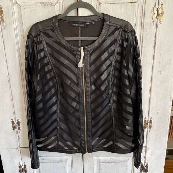Colleen Lopez Black Faux Leather and Mesh Jacket Front Zip Size XL - Picture 12 of 14